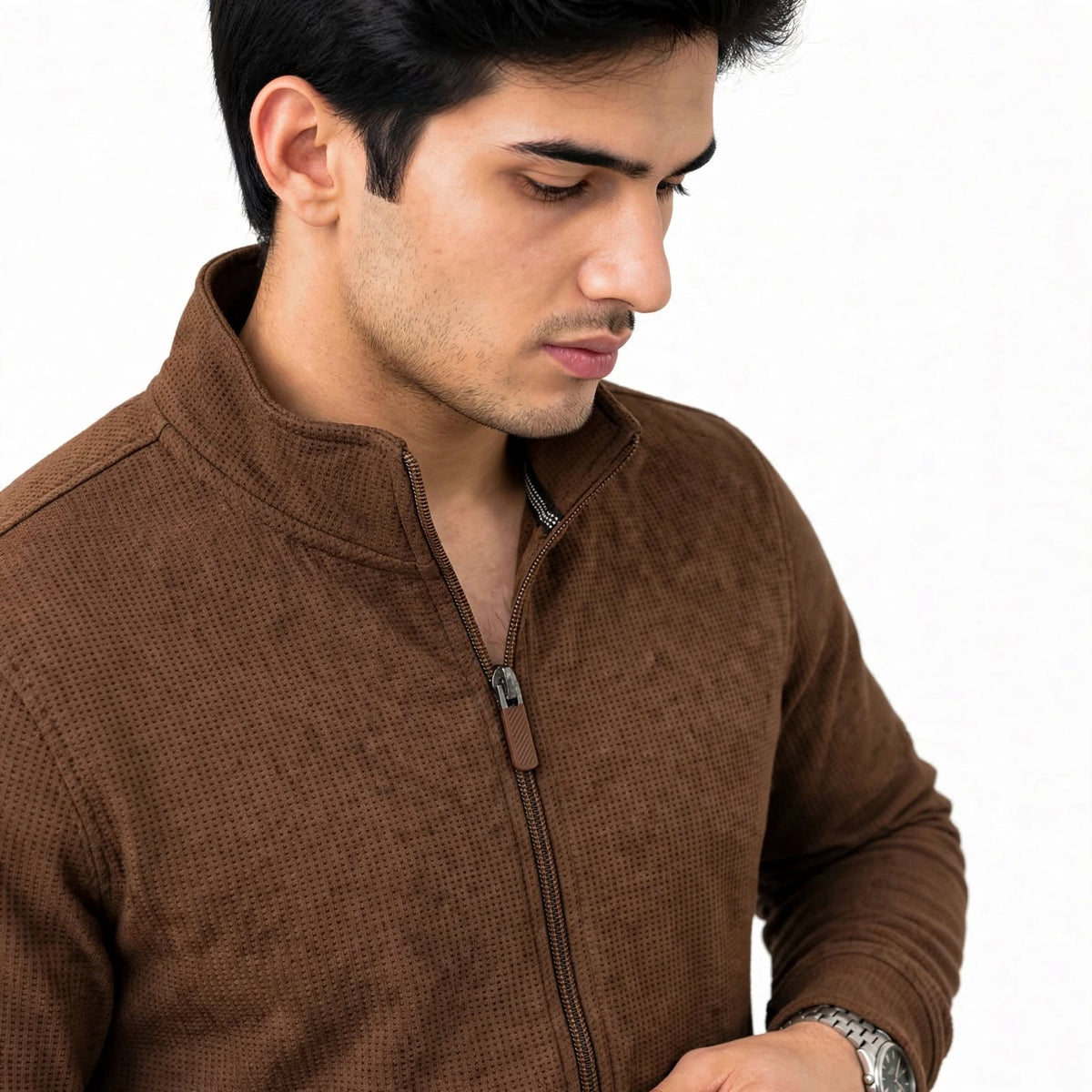 Mini Waffle Knit Full Zipper Sweatshirt