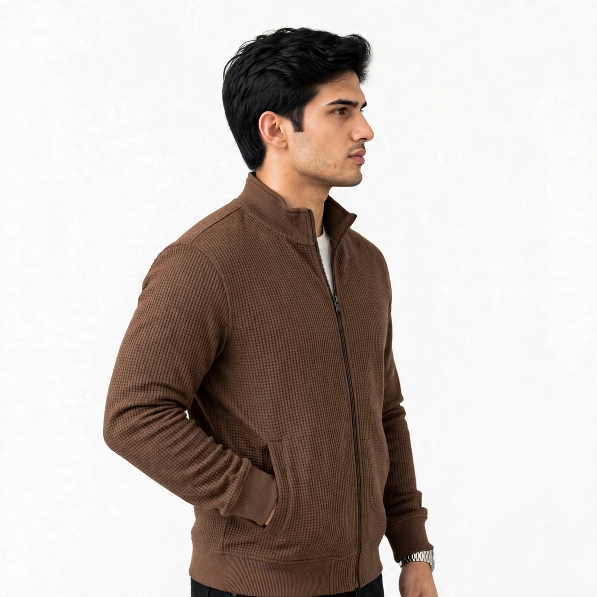 Mini Waffle Knit Full Zipper Sweatshirt