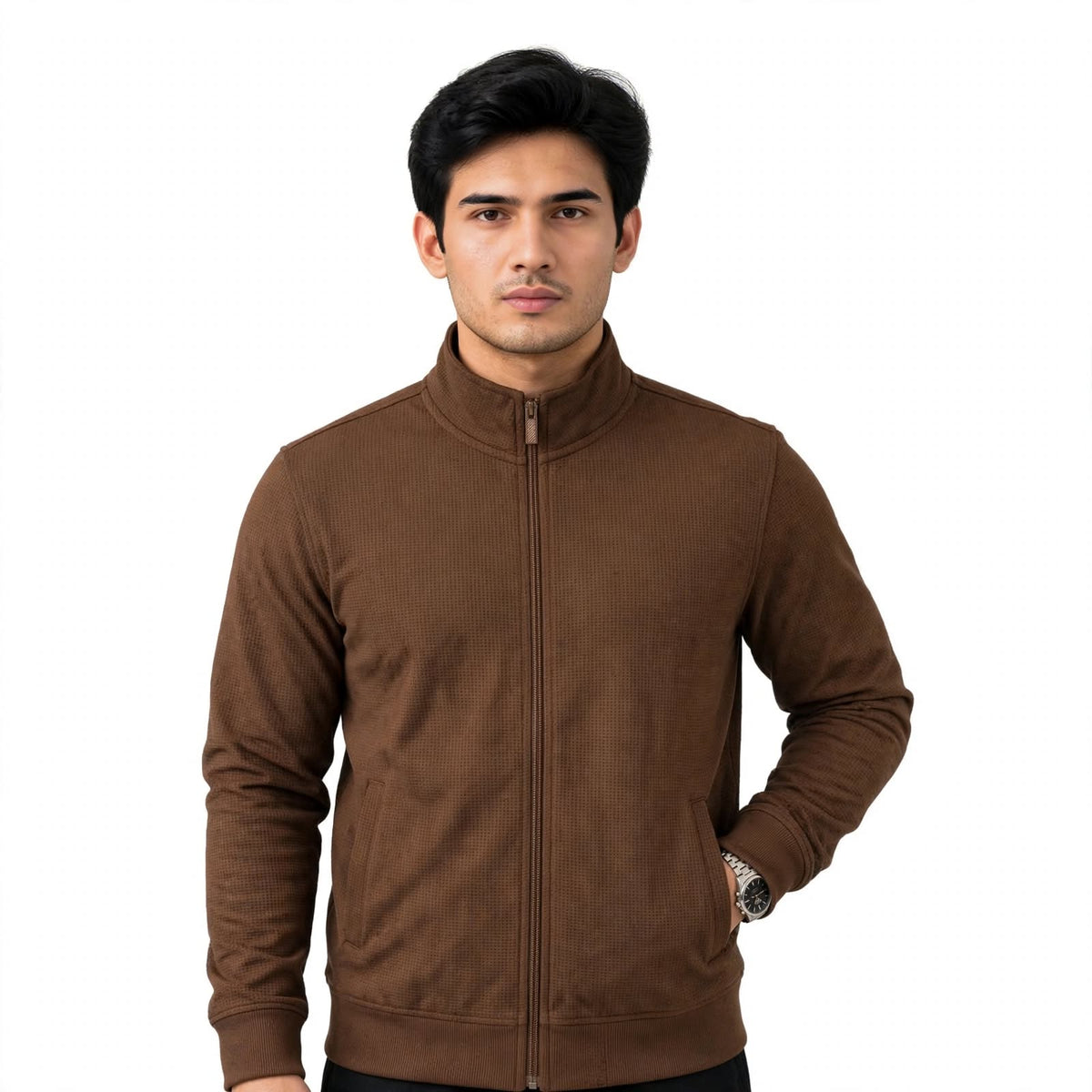 Mini Waffle Knit Full Zipper Sweatshirt