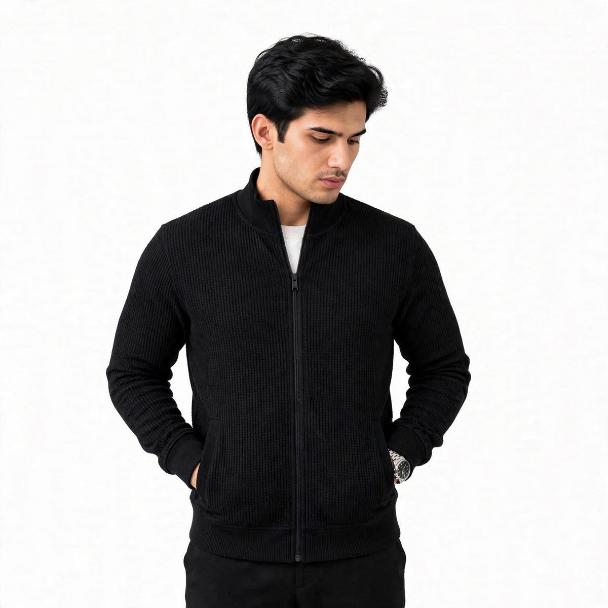Mini Waffle Knit Full Zipper Sweatshirt