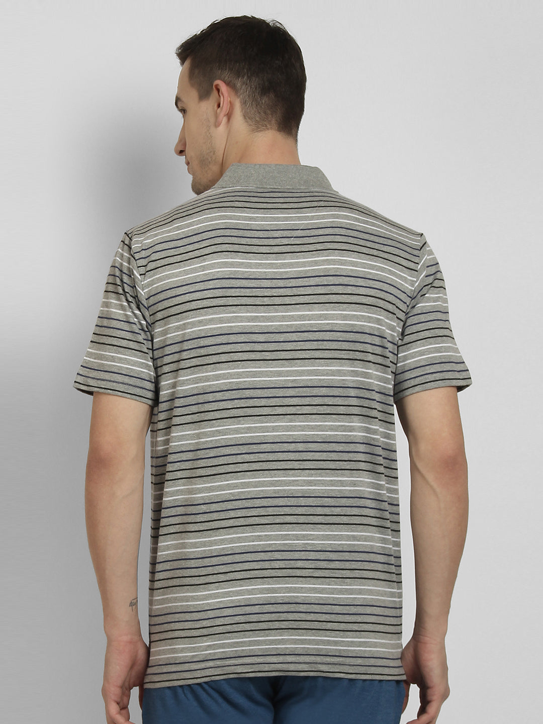 Neva Polo Neck Men's T-Shirt in Stripes Pattern Half Sleeve-15%Milange Grey