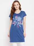 Neva Women's Regular Fit Graphic Printed Long T-Shirt -Denim Milange