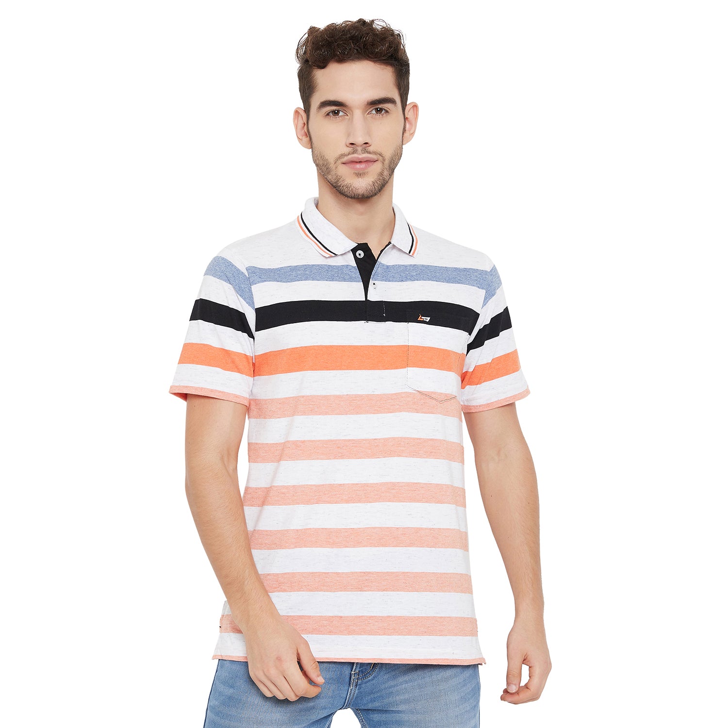 Polo Neck Half Sleeves Multicolor Striped T-Shirt With Pocket For Men- Orange