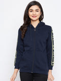 Livfree women Full Zipper Hooded Sweatshirt with typographic Fancy Tape on Sleeves- Navy