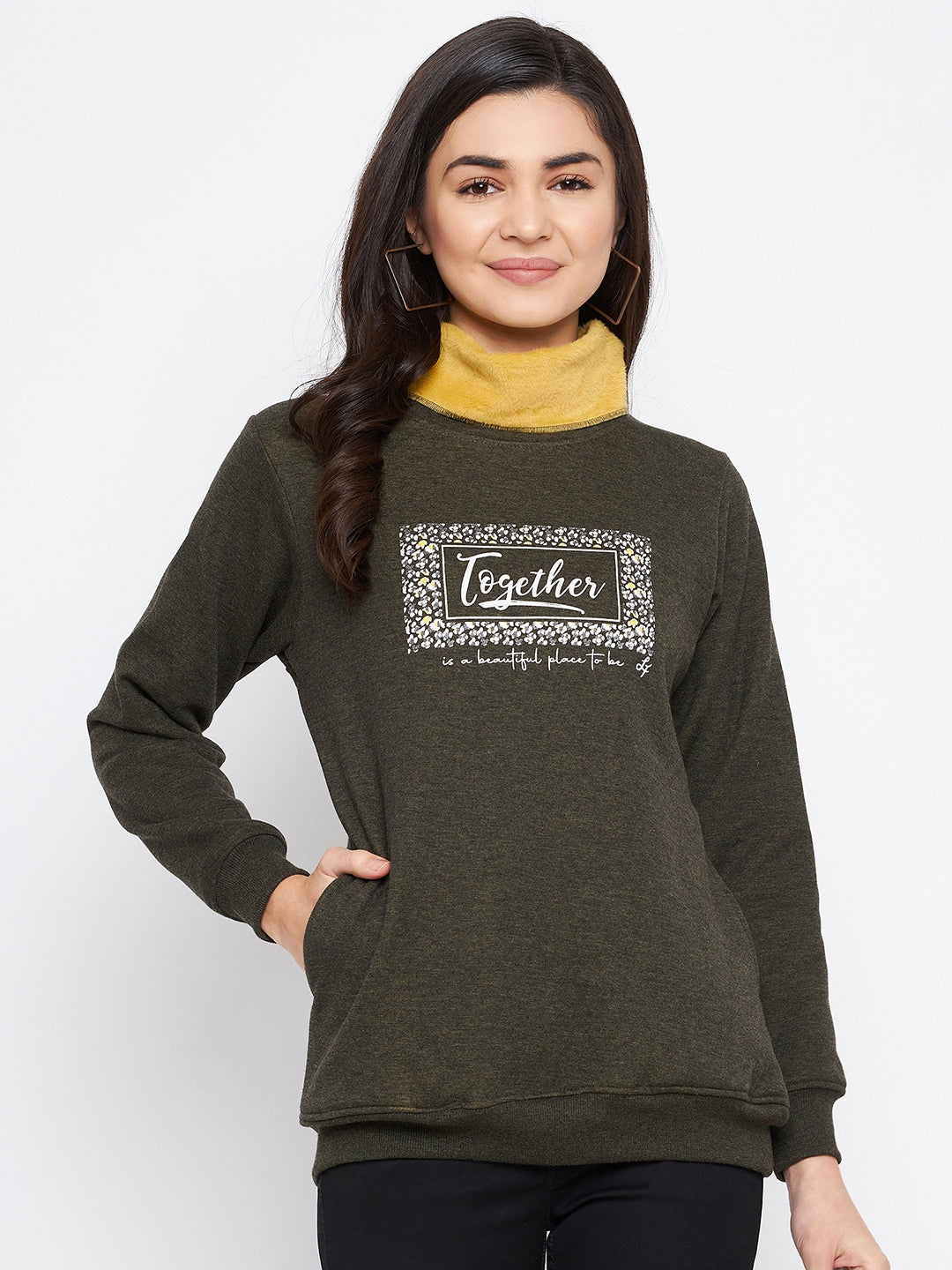 Livfree Women High Neck Chest Printed Sweatshirt- Gold