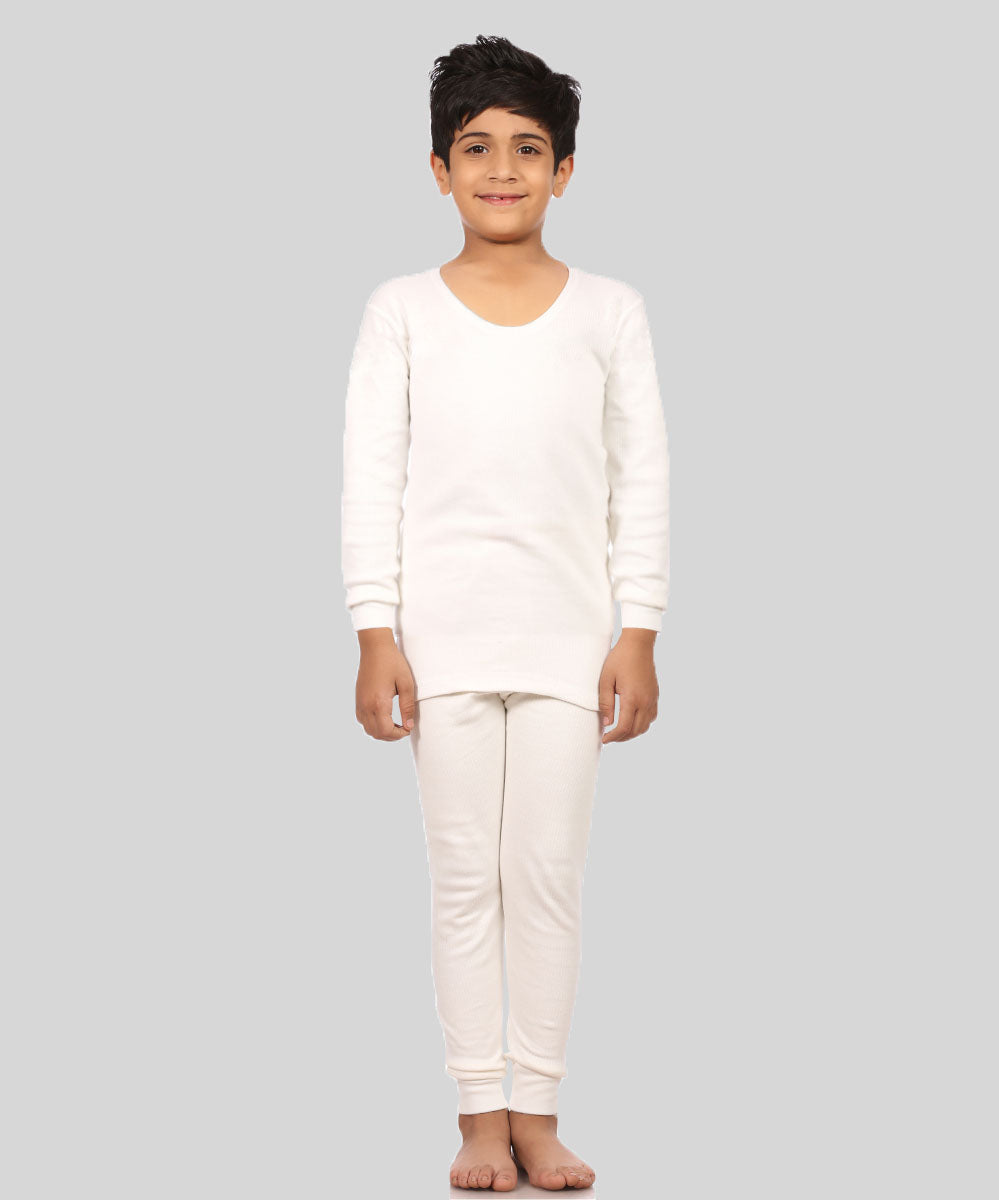 Neva Velveti Scoop Neck Full Sleeves Upper and Lower Thermal Upper for Kids Unisex (For Boys and Girls)-Off White