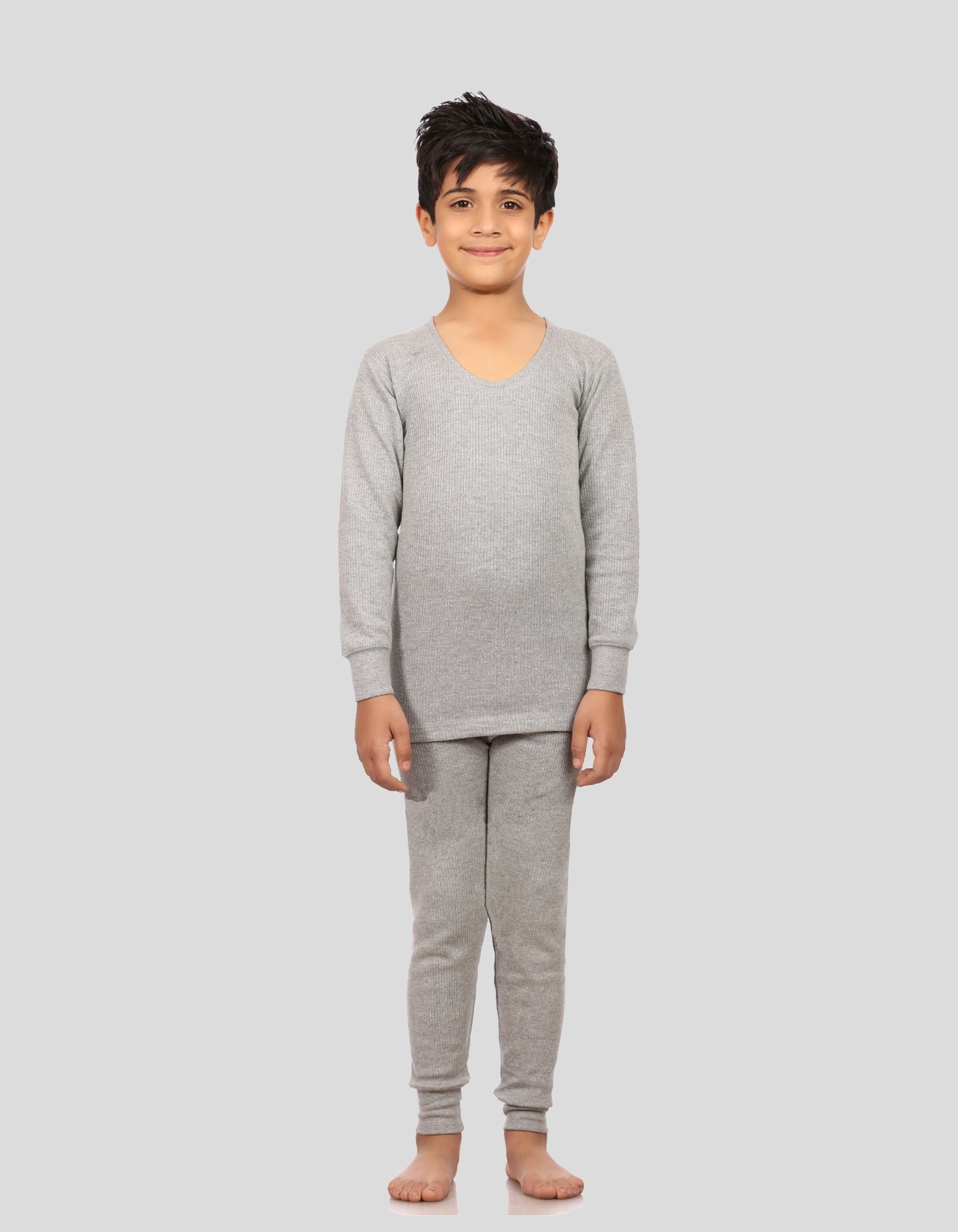 Neva Velveti Scoop Neck Full Sleeves Upper and Lower Warmer/Thermal Upper for Kids Unisex (For Boys and Girls)-Milange Grey