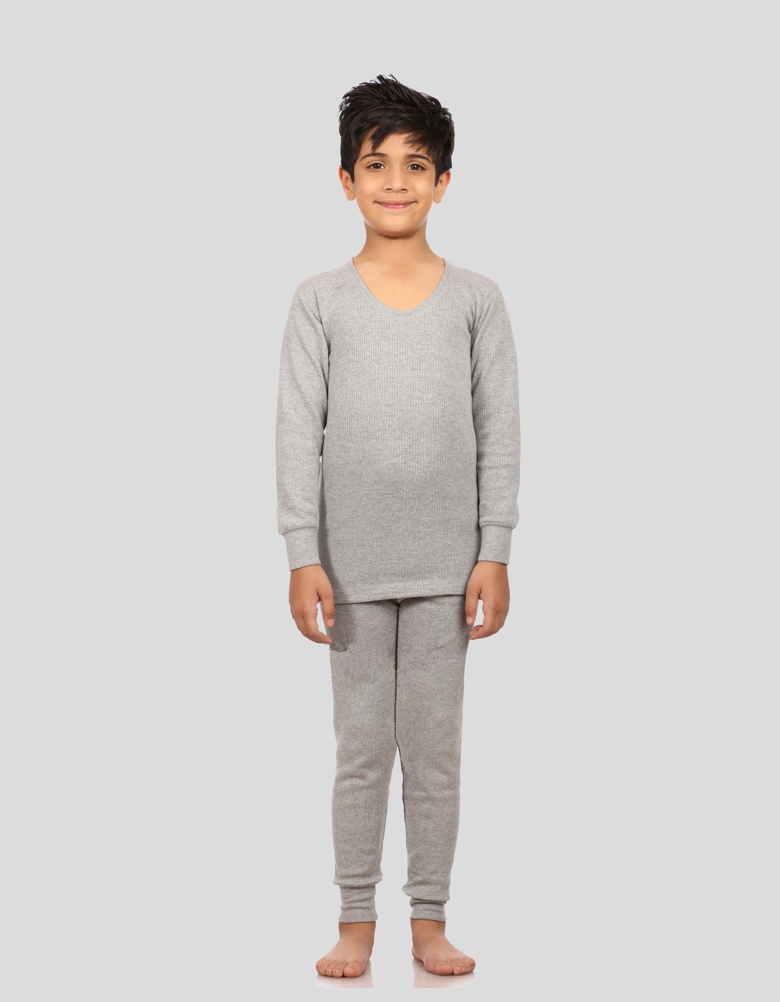 Neva Velveti Scoop Neck Full Sleeves Upper and Lower Thermal Upper for Kids Unisex (For Boys and Girls)-Milange Grey