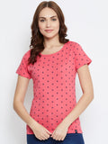 NEVA Round Neck Half Sleeve Front Printed T-shirt For Women-Coral