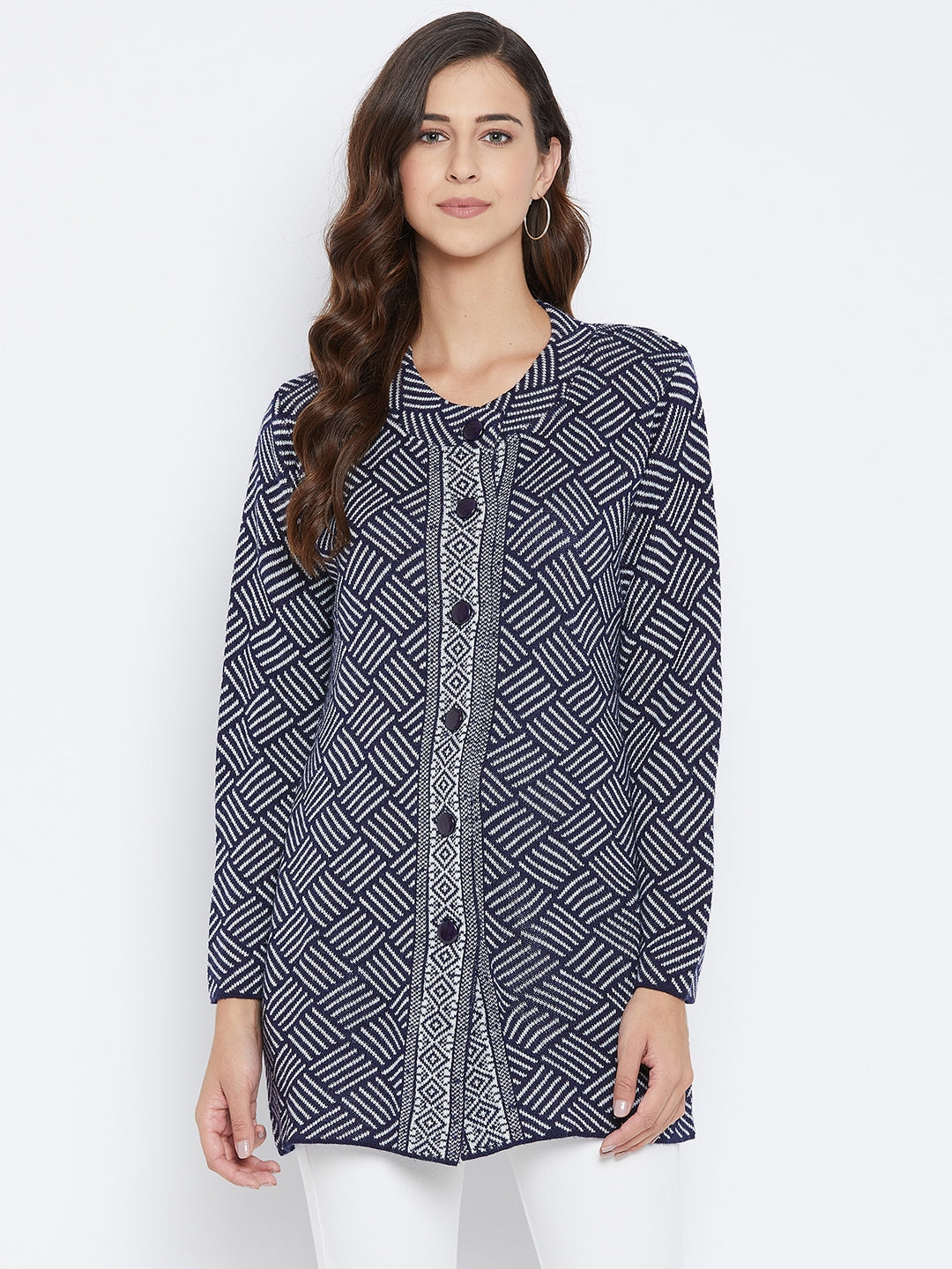 Livfree Women's T-neck Full-Sleeves Jaquard Cardigan - Navy