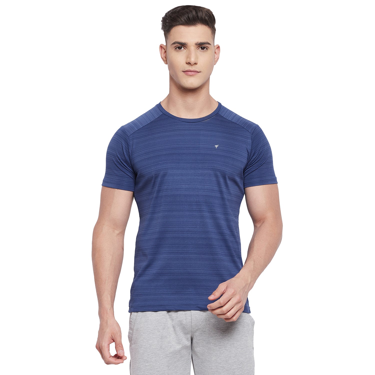 Neva Men Sweatfree Barcode Knit Round Neck Half Sleeve T-Shirt With Reflective Logo on Chest- Denim
