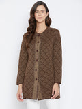 Livfree Women's T-neck Full-Sleeves Jaquard Cardigan - Brown