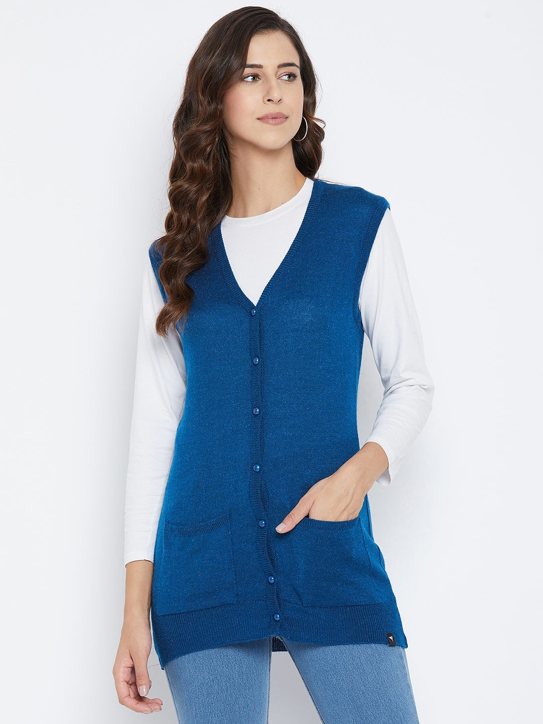 Livfree Women's V-neck Sleeveless  Solid Cardigan - Blue