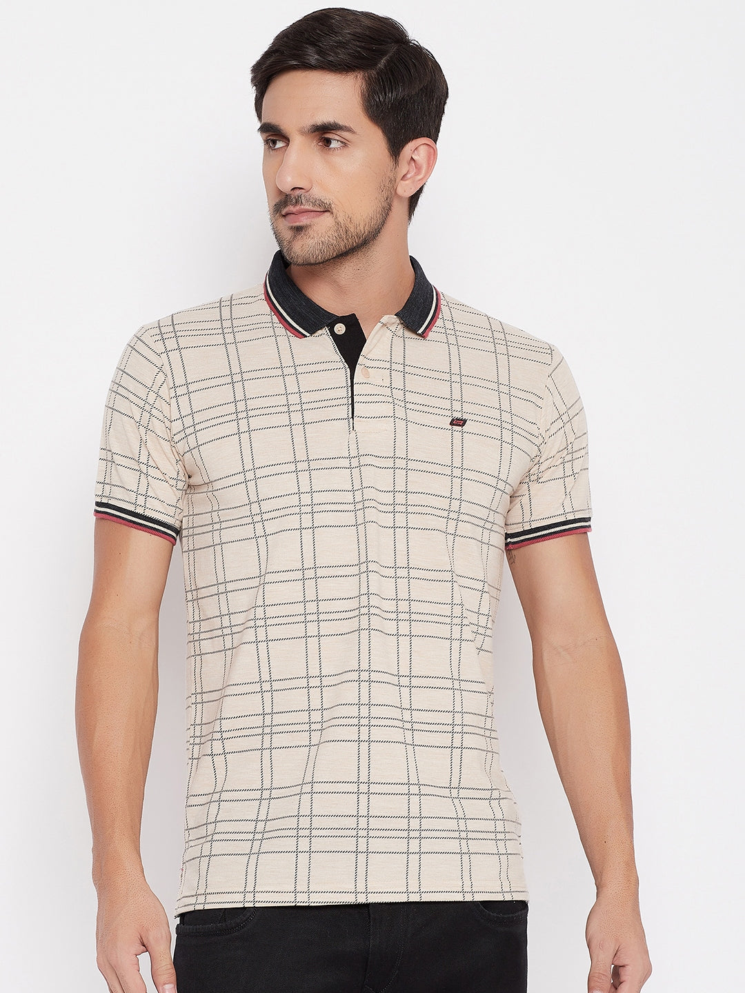 LIVFREE Polo Neck Men's T-Shirt in Checkered Pattern Half Sleeve