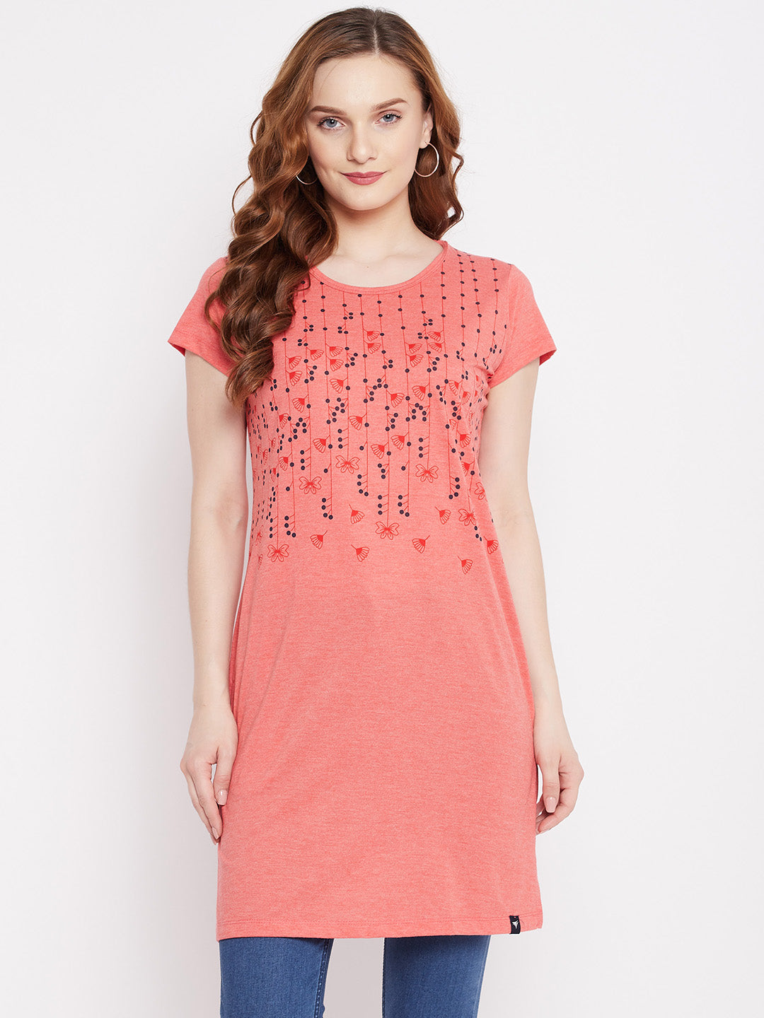 Neva Women's Regular Fit Graphic Printed Long T-Shirt -Lt. Coral