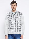 Livfree Men's Full Sleeves V-Neck Check Sweater - Light Grey