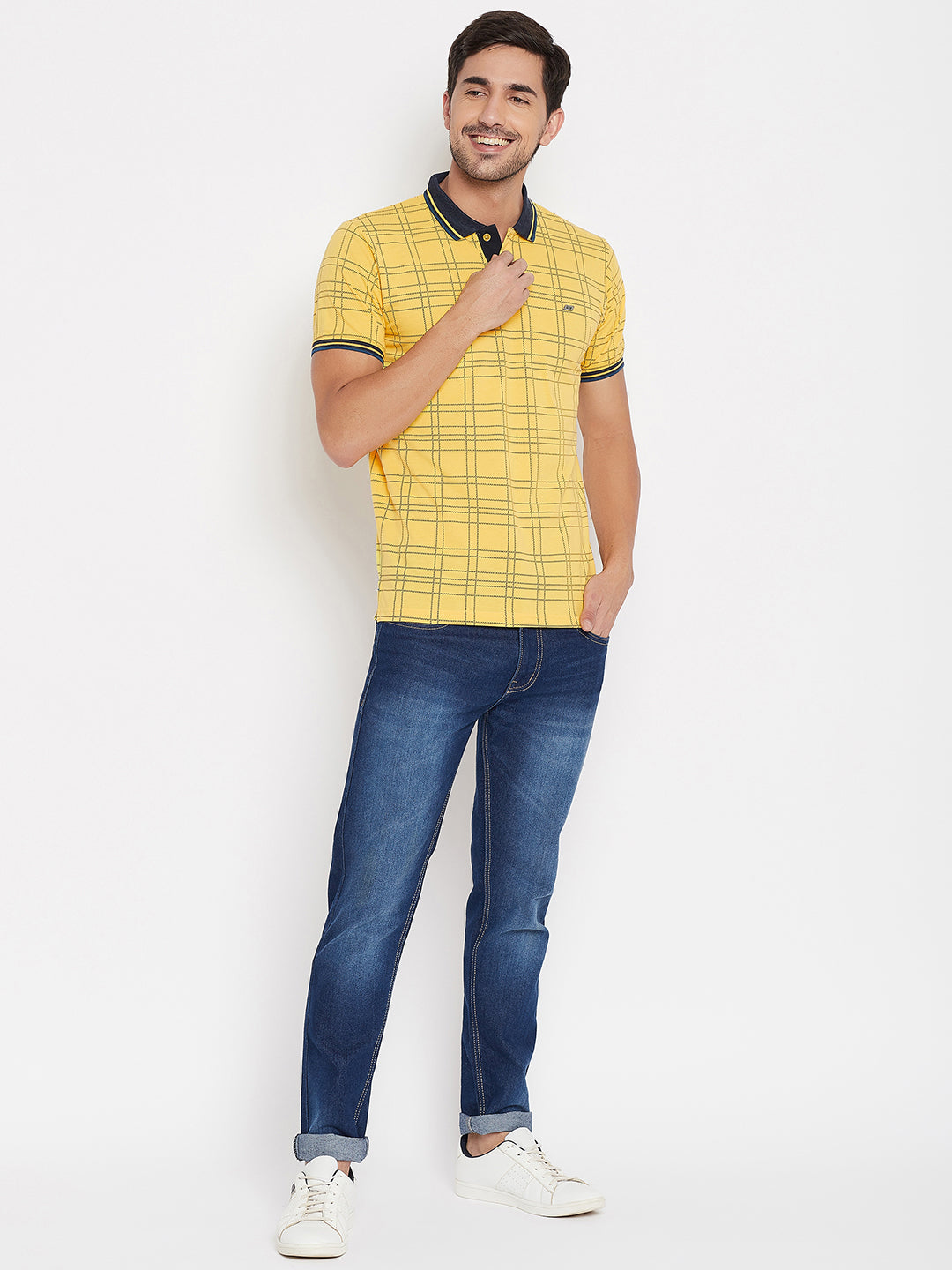 LIVFREE Polo Neck Men's T-Shirt in Checkered Pattern Half Sleeve