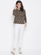 Neva Women's Round Neck Full Sleeve Floral Print Dual Tone Top-Black