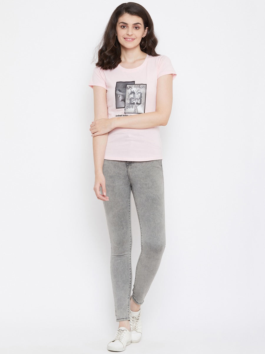 Neva Women's Round Neck Half Sleeve Printed Top-Light Pink