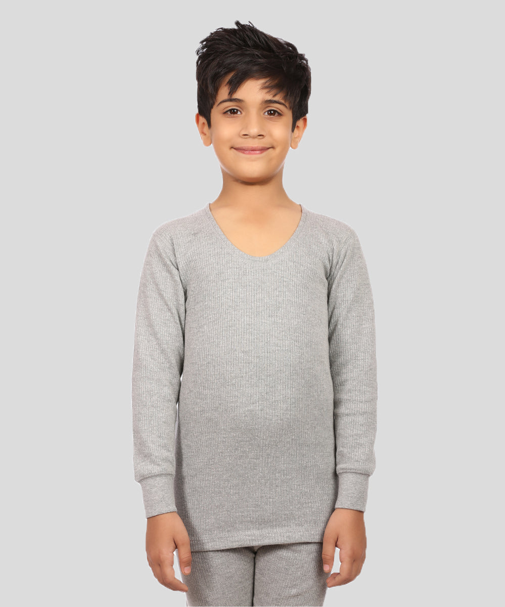 Neva Velveti Scoop Neck Full Sleeves Upper and Lower Thermal Upper for Kids Unisex (For Boys and Girls)-Milange Grey