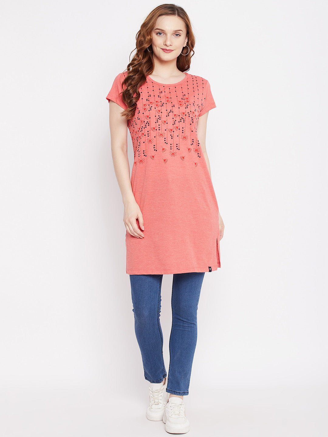 Neva Women's Regular Fit Graphic Printed Long T-Shirt -Lt. Coral