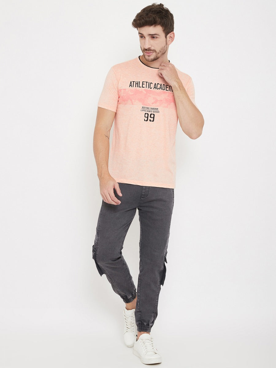 Round Neck Half Sleeves Graphic Printed T-Shirt - Peach Mix