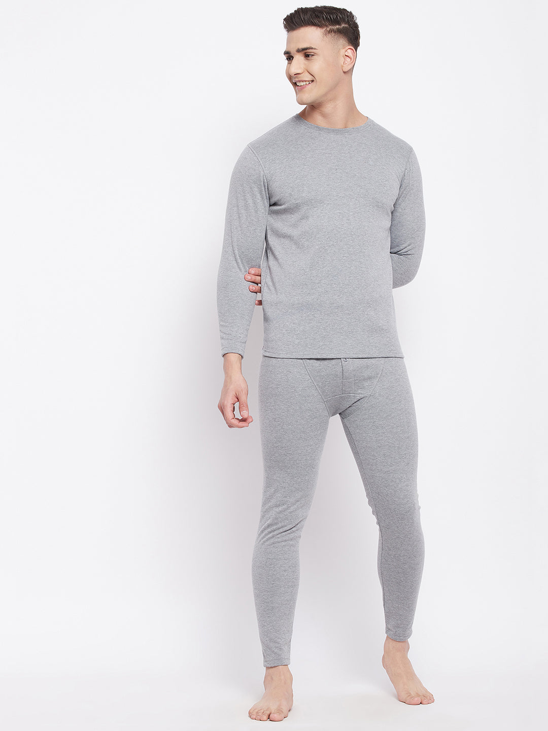 Neva Men Round Neck Full Sleeve Thermal Upper & Bottom Set- Milange Grey (Glaccia)
