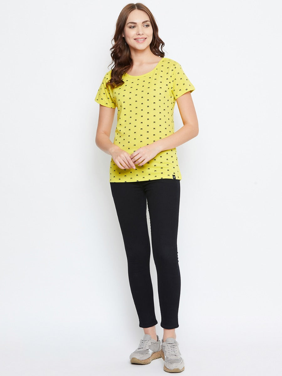 NEVA Round Neck Half Sleeve Front Printed T-shirt For Women-Lemon