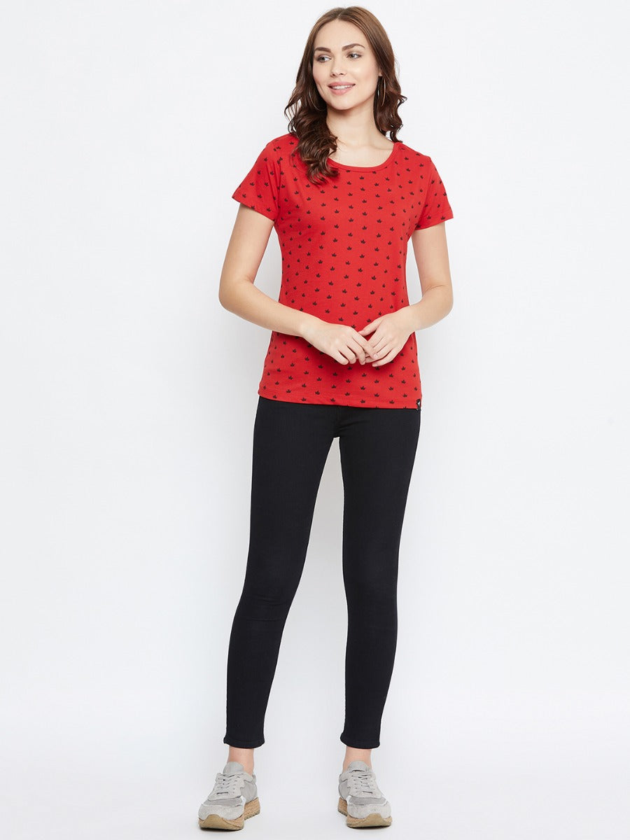 NEVA Round Neck Half Sleeve Front Printed T-shirt For Women-Red