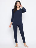 Neva Women Round Neck 3/4 Sleeve Thermal Upper & Bottom Set- Denim Milange (Glaccia)