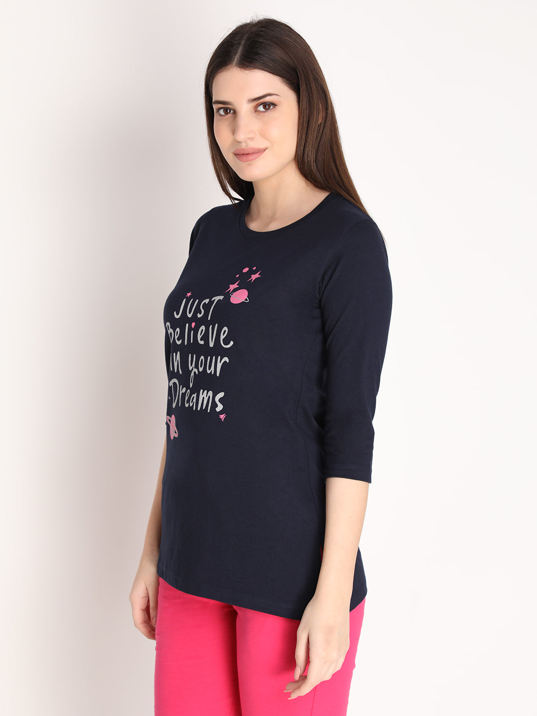 NEVA Women Round Neck Cotton Stylish T-Shirt- Navy