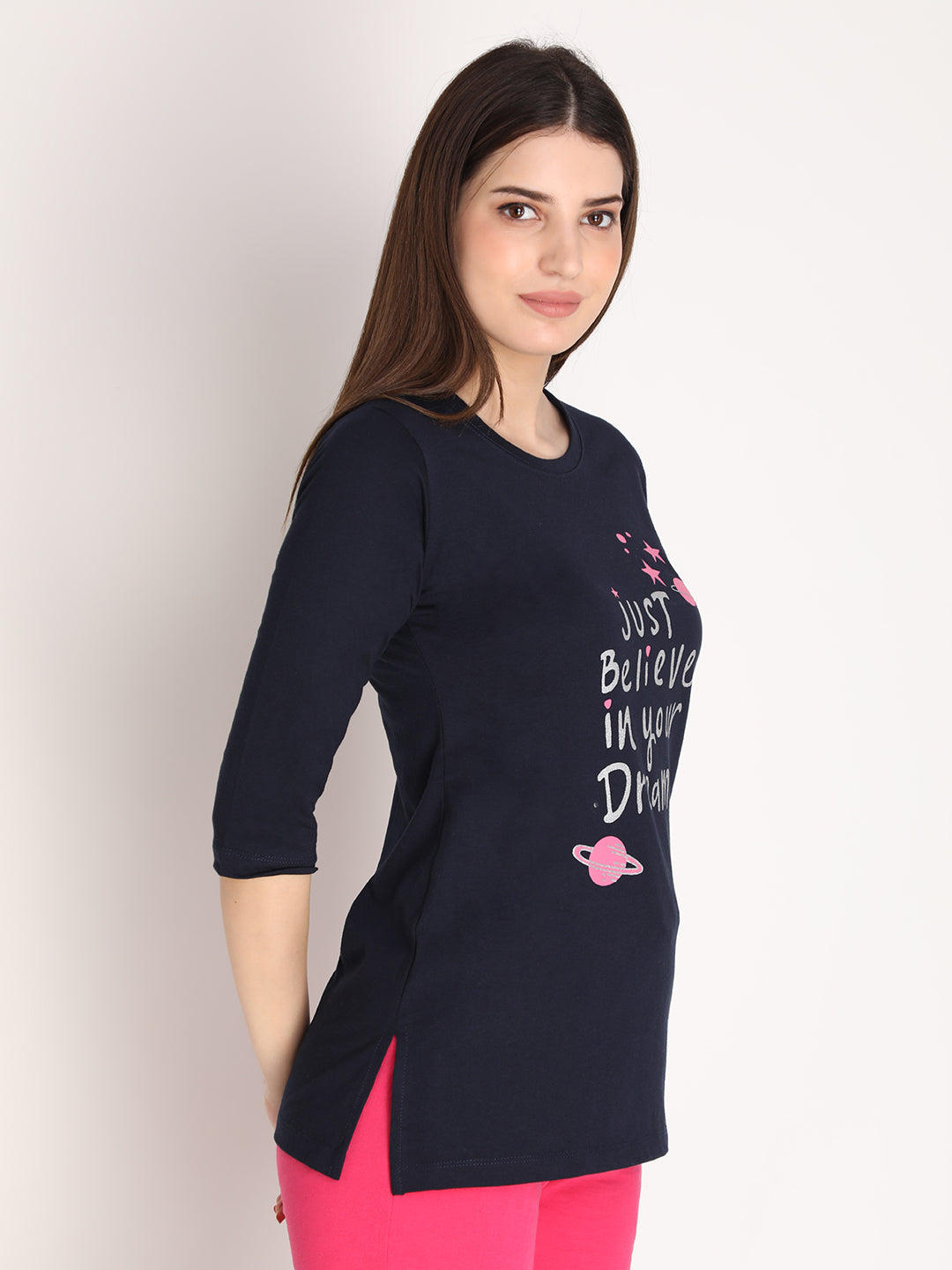 NEVA Women Round Neck Cotton Stylish T-Shirt- Navy
