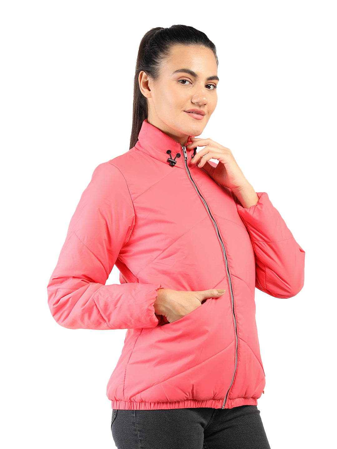 Livfree Ladies Full Sleeve T-Neck Solid Regular Fit Jacket-Spicy Pink