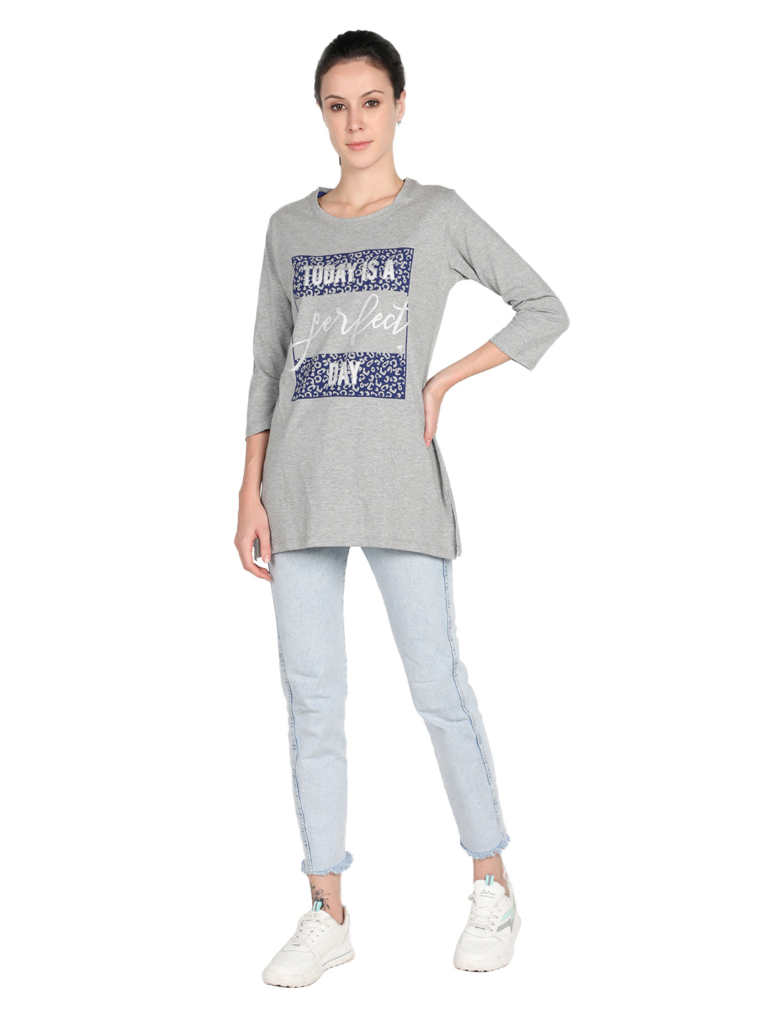 NEVA Women Round Neck Cotton Stylish T-Shirt- 15% Milange Grey
