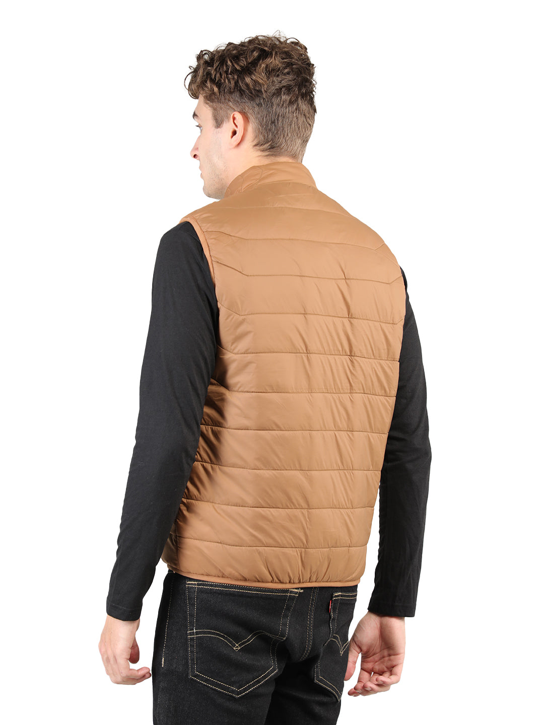 Livfree Gents Sleeveless T-Neck Solid Regular Fit Jacket- Brown