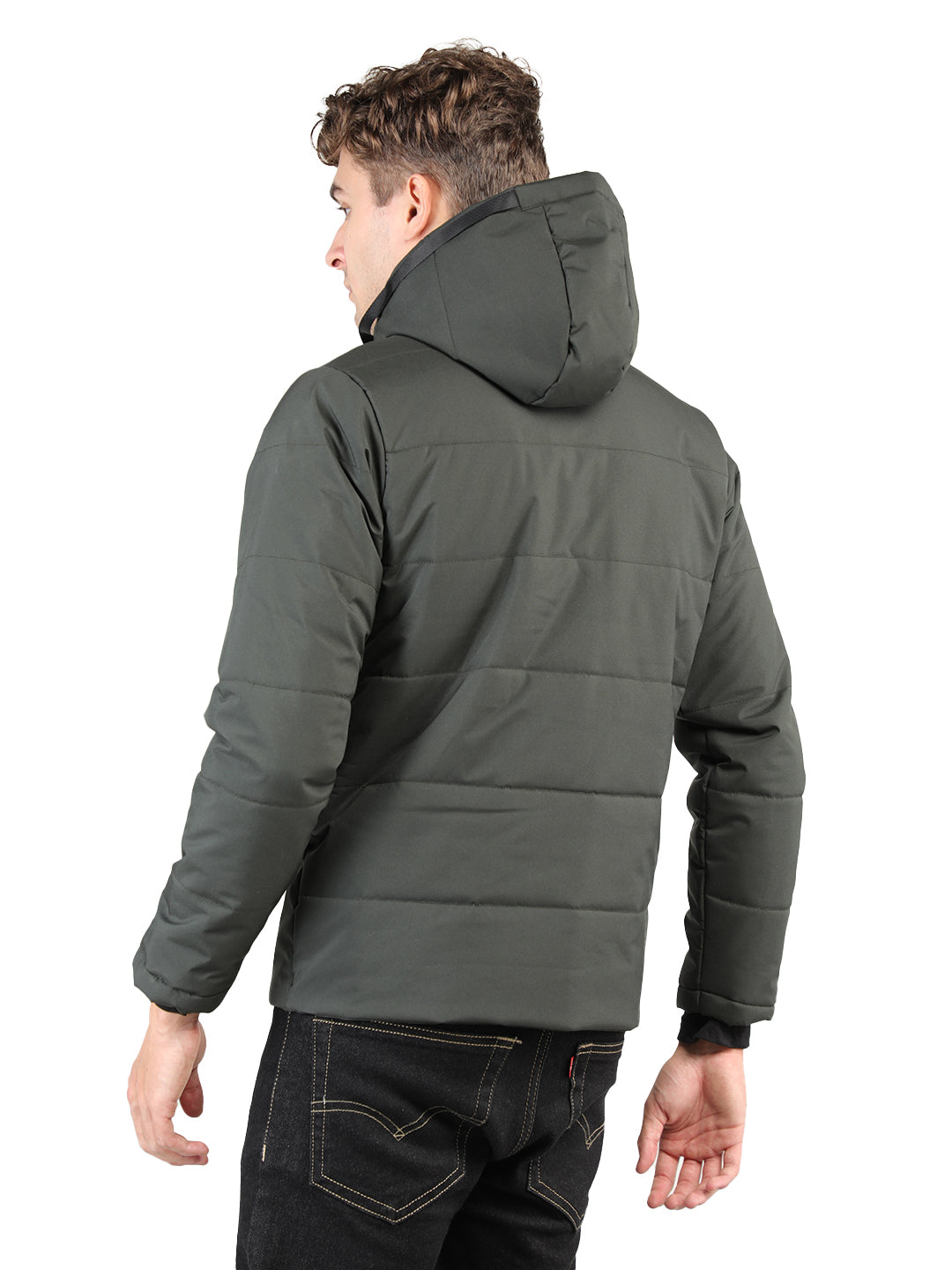 Livfree Gents Solid Full Sleeve Detachable Hoody Regular Fit Jacket-Olive