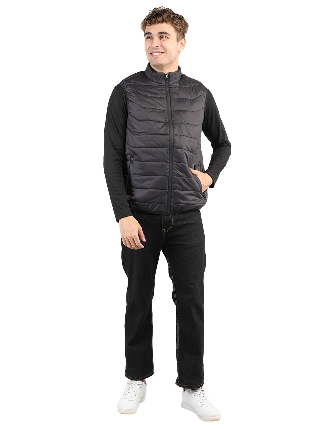 Livfree Gents Sleeveless T-Neck Solid Regular Fit Jacket- Black