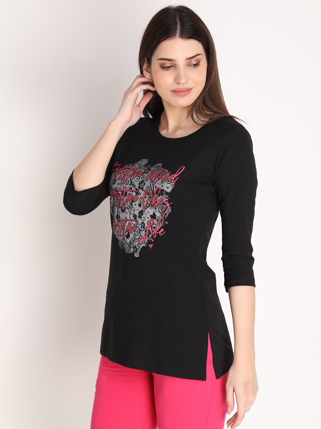 NEVA Women Round Neck Cotton Stylish T-Shirt- Black