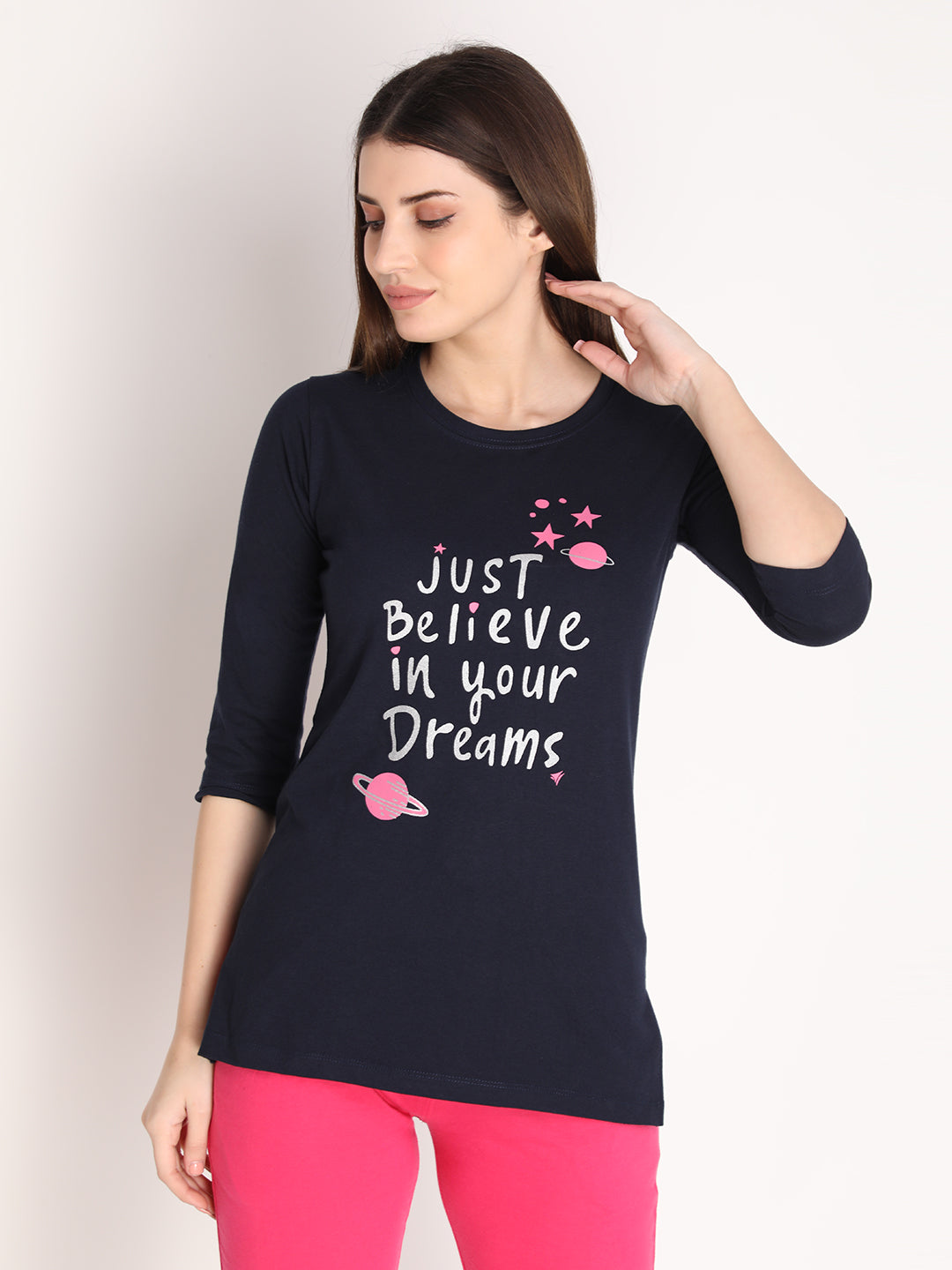 NEVA Women Round Neck Cotton Stylish T-Shirt- Navy