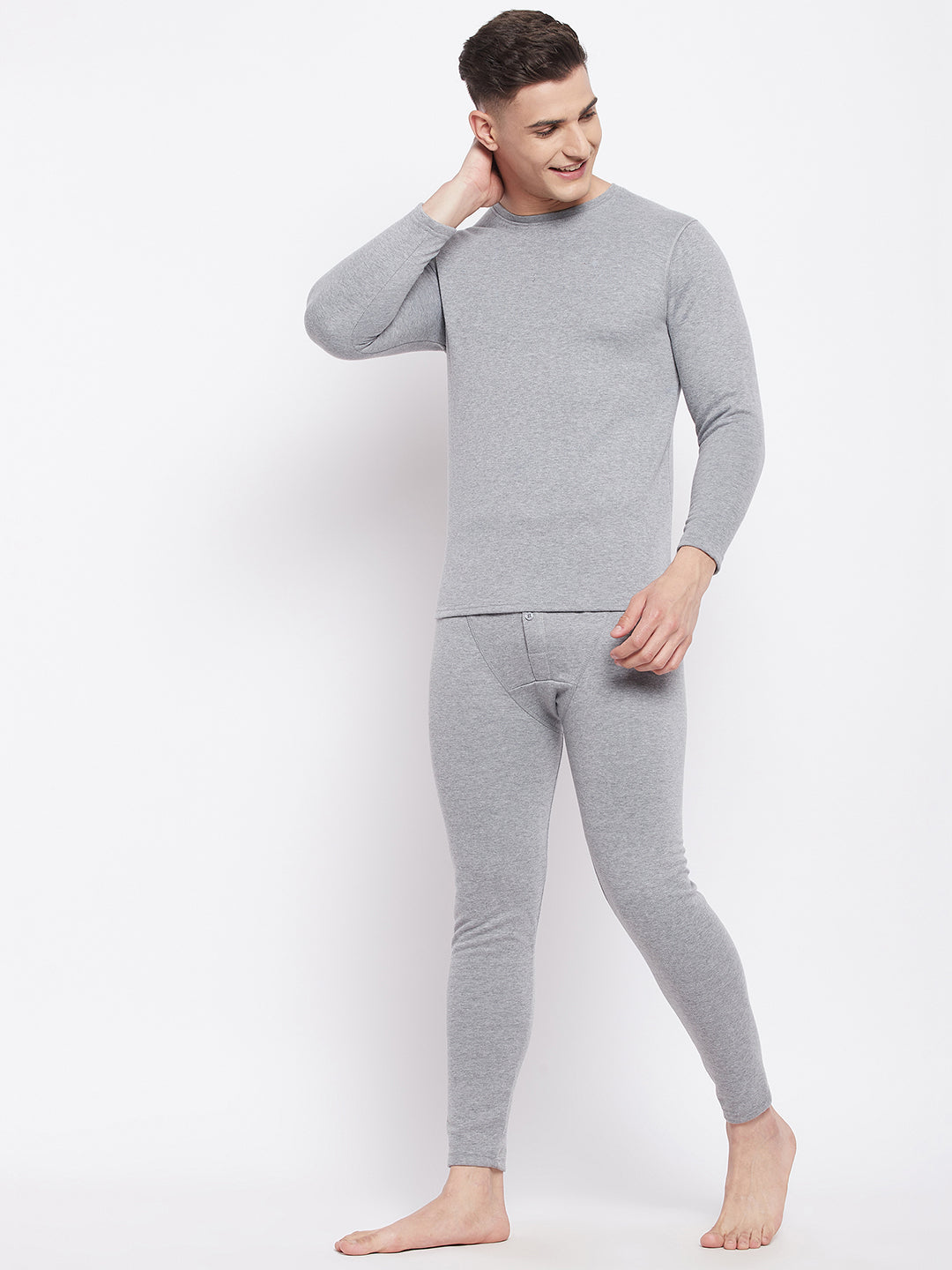 Neva Men Round Neck Full Sleeve Thermal Upper & Bottom Set- Milange Grey (Glaccia)