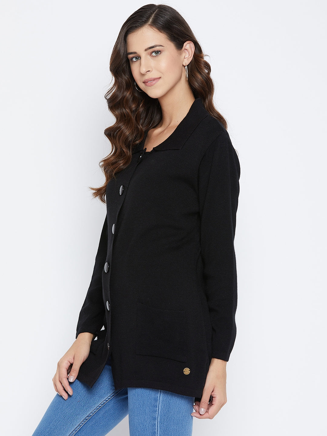 Livfree Women's Collar neck Full-Sleeves Solid Cardigans - Black