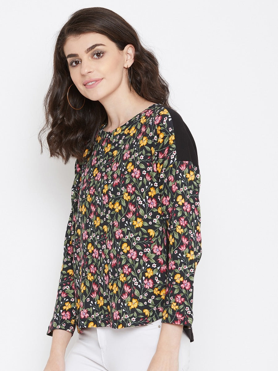 Neva Women's Round Neck Full Sleeve Floral Print Dual Tone Top-Black
