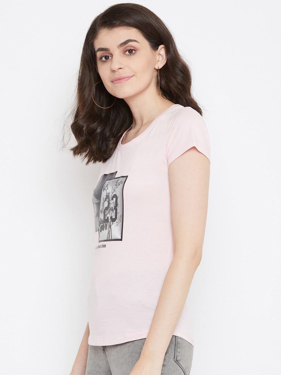 Neva Women's Round Neck Half Sleeve Printed Top-Light Pink