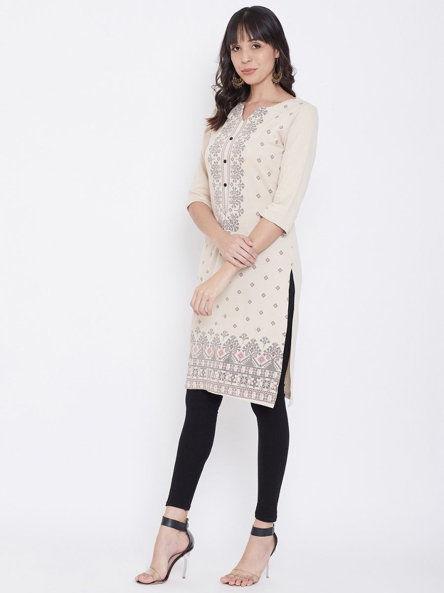 Neva Women's Scoop Neck 3-4th Sleeves Front Knitted Pattern Kurti With Pocket-Beige