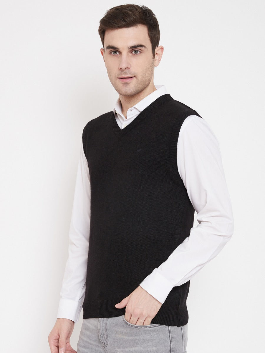 Livfree Men's V-Neck Sleeveless Solid Sweater-Black