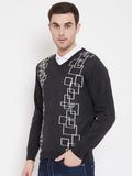 Livfree Men's V-Neck Full Sleeves Knitted Geometric Pattern Sweater-Anthra