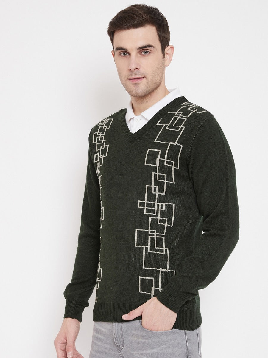 Livfree Men's V-Neck Full Sleeves Knitted Geometric Pattern Sweater-Olive