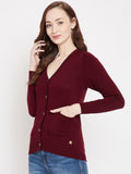 Livfree V-Neck Full Sleeves Solid Cardigan With Front Pockets For Women-Maroon