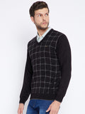 Livfree Men's V-Neck Full Sleeves Check Sweater - Black
