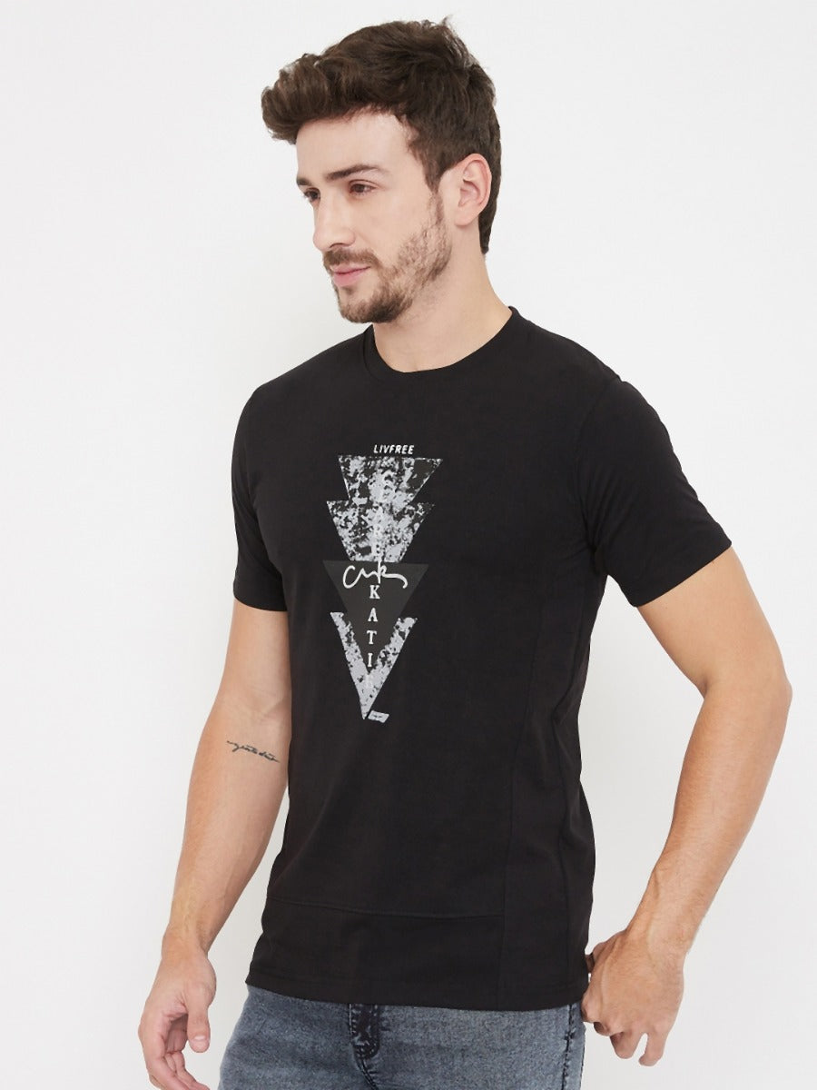 LIVFREE Round Neck Half Sleeves Graphic Printed T-Shirt For Men- Black